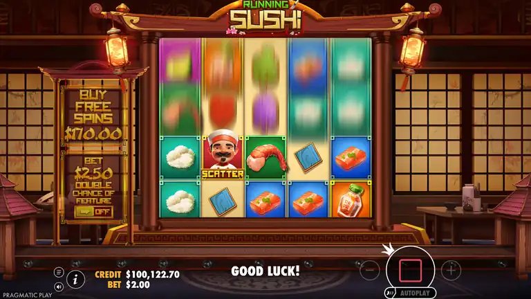 Running Sushi spin 345, balance $100,122.70 at $2.00 stake