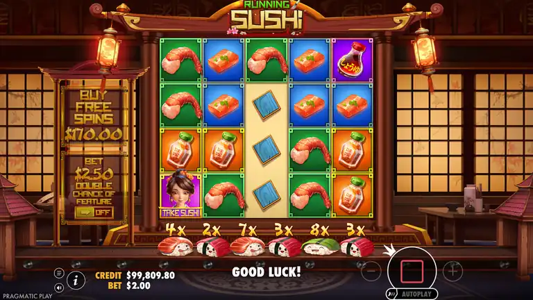 Running Sushi spin 721, balance $99,809.80 at $2.00 stake, Take Sushi symbol visible