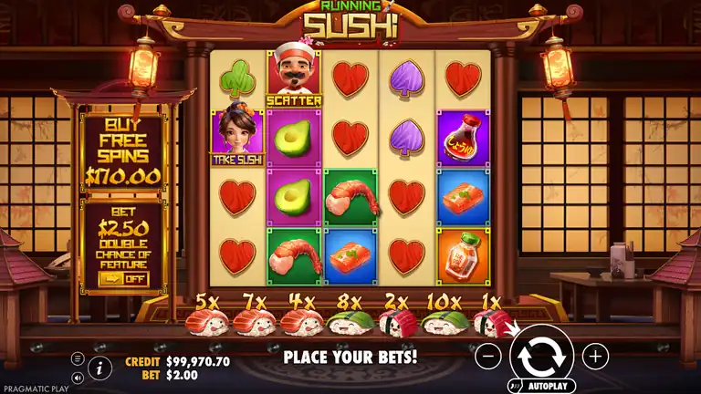 Running Sushi spin 1080, balance $99,970.70 at $2.00 stake