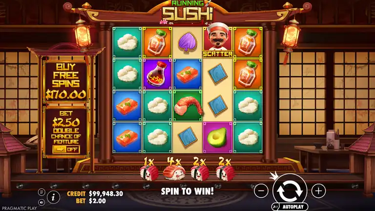 Running Sushi spin 1440 final spin, CREDIT $99,948.30 at $2.00 stake before the closing stake, Scatter visible