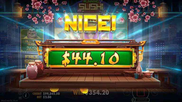 Running Sushi bonus result screen showing NICE win of $44.10 with total WIN $354.20 displayed, the best free spins round at 177.1x
